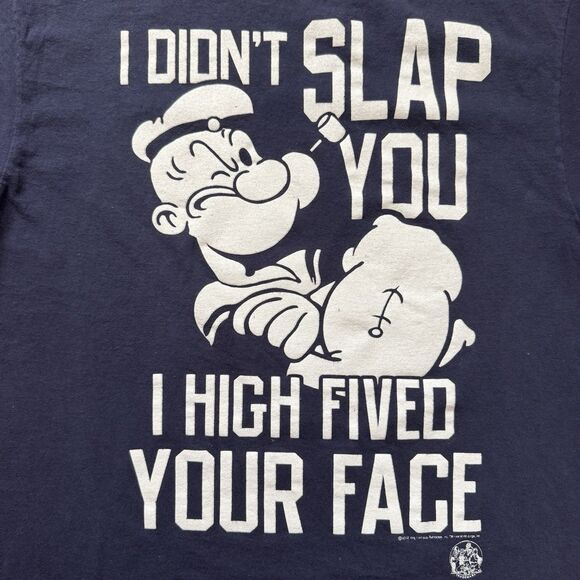 2012 Popeye I Didn’t Slap You I High Fived Your Face Graphic T-Shirt L Navy - Picture 3 of 8